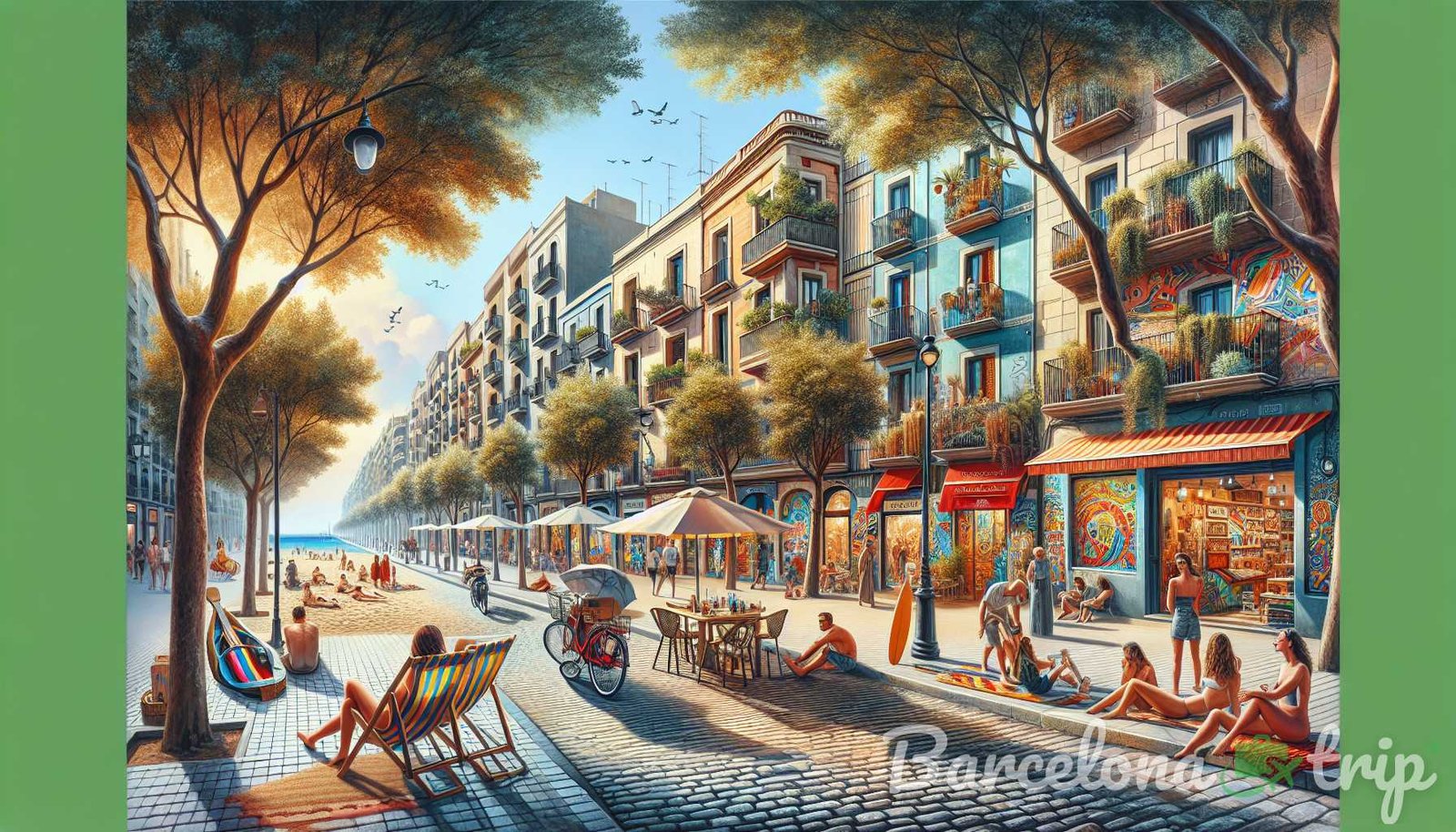 Illustrazione per la sezione: Passeggia lungo le strade alberate di El Poblenou e scoprirai la colorata arte di strada, gli accoglienti caffè - i segreti di barcellona